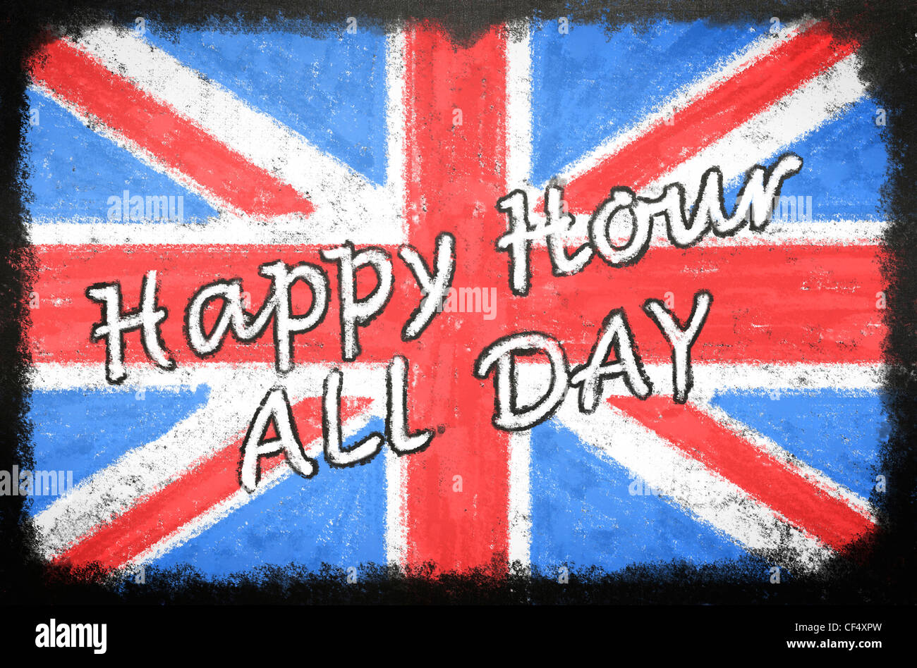 Blackboard pub sign with a chalk drawn Union Jack, which reads 'Happy Hour All Day' Stock Photo