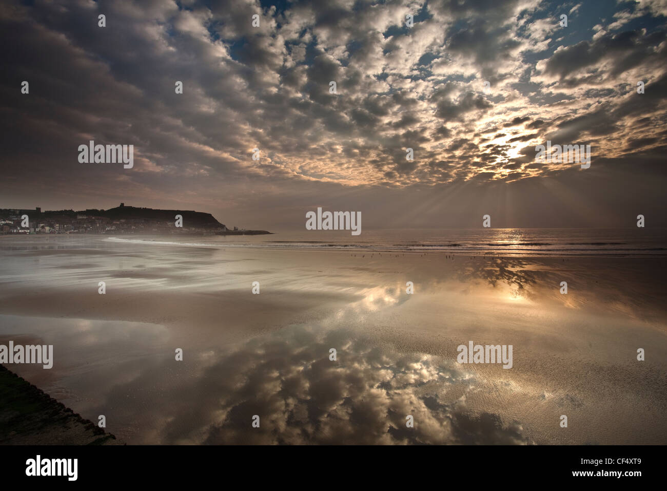 Mottled clouds reflected on the glistening beach of the South Bay at Scarborough at sunrise. Stock Photo