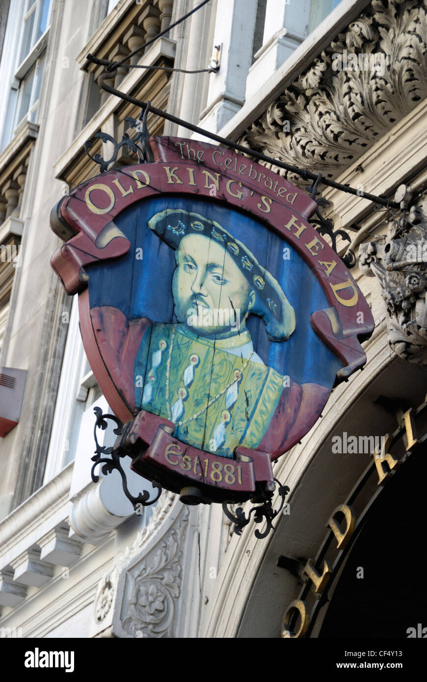 The Old King's Head sign hanging outside the pub in Borough High Street. Stock Photo