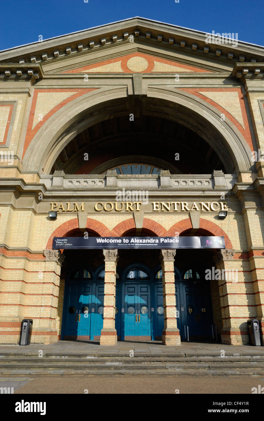 Palm Court Entrance, the main entrance into Alexandra Palace, originally opened in 1873 as 'The People's Palace', an iconic Lond Stock Photo