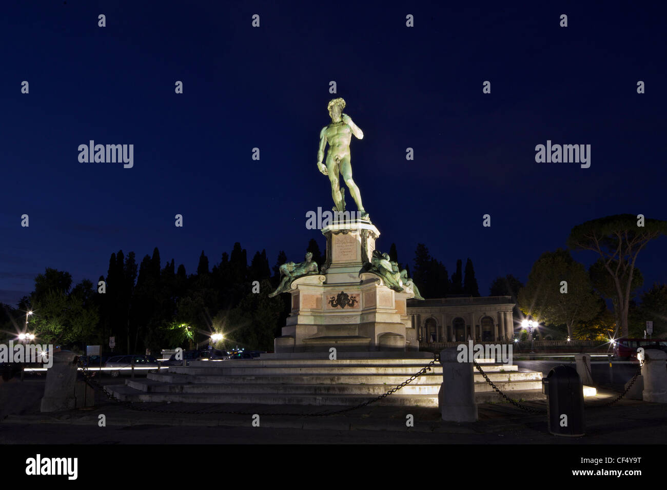 View of David at dawn in Piazzale Michelangelo, Florence, Tuscany, Italy, Europe Stock Photo