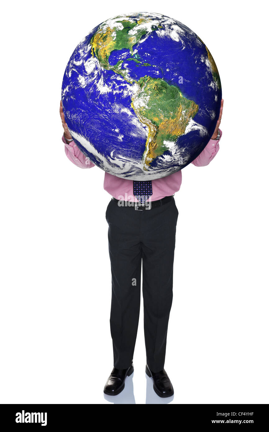 Photo of a businessman holding the world in his hands, isolated on a ...
