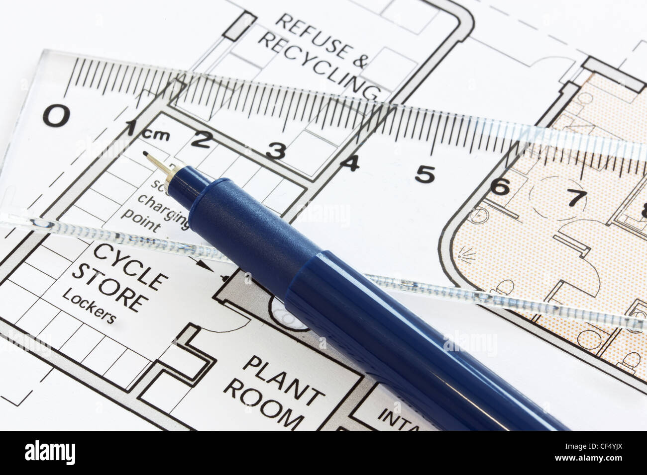 Still life photo of an exterior site drawing with pen and ruler Stock Photo
