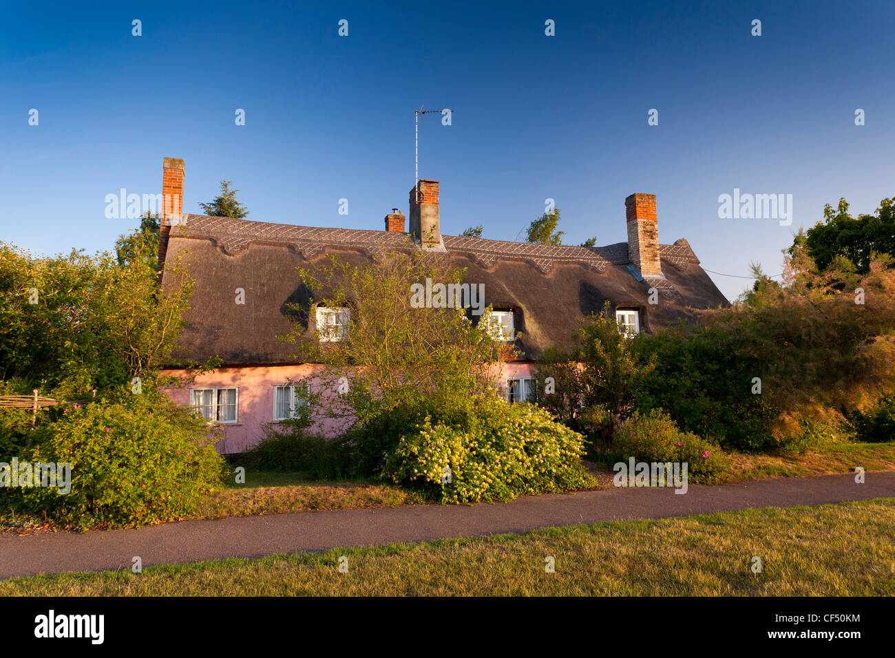 a thatched cottage in Fornham All Saints village in Suffolk, UK Stock Photo