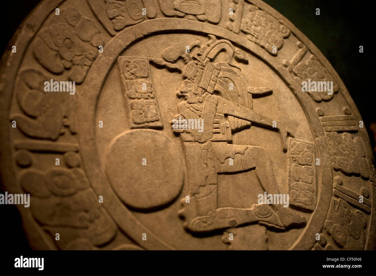 A Mayan ball game marker is displayed in the National Museum of ...
