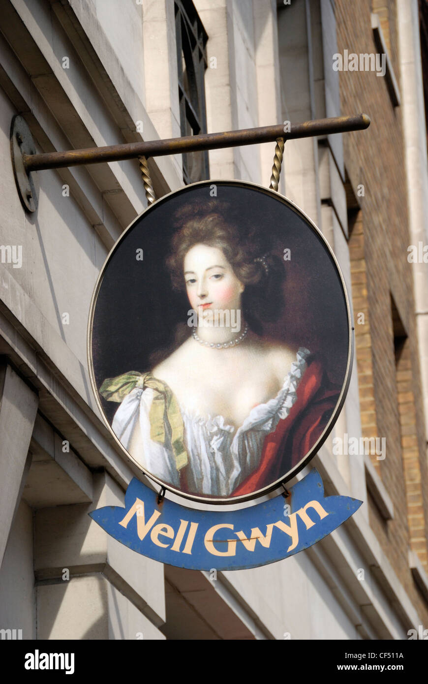 Nell Gwyn tavern sign hanging outside the pub off the Strand in central London. Stock Photo