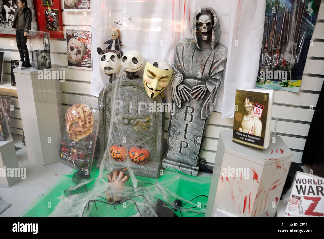 Horror film merchandise in the shop window of Forbidden Planet, the world's largest and best-known science fiction, fantasy and Stock Photo