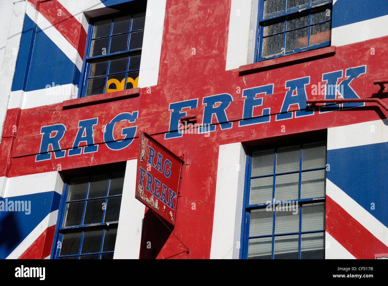Large Union Jack painted on the exterior of Rag Freak clothes shop. Stock Photo