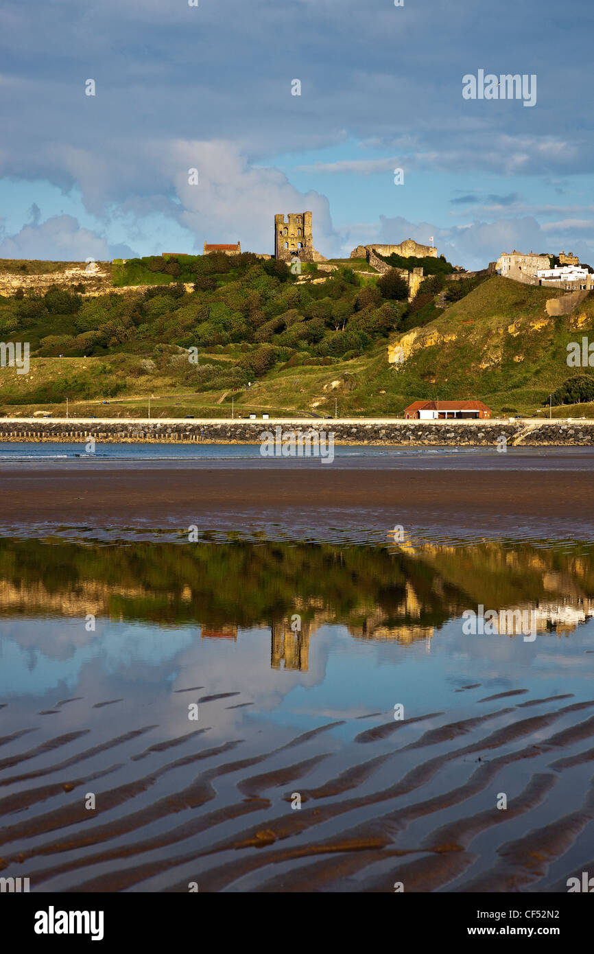 Scarborough Castle on a promontory overlooking North Bay. Stock Photo
