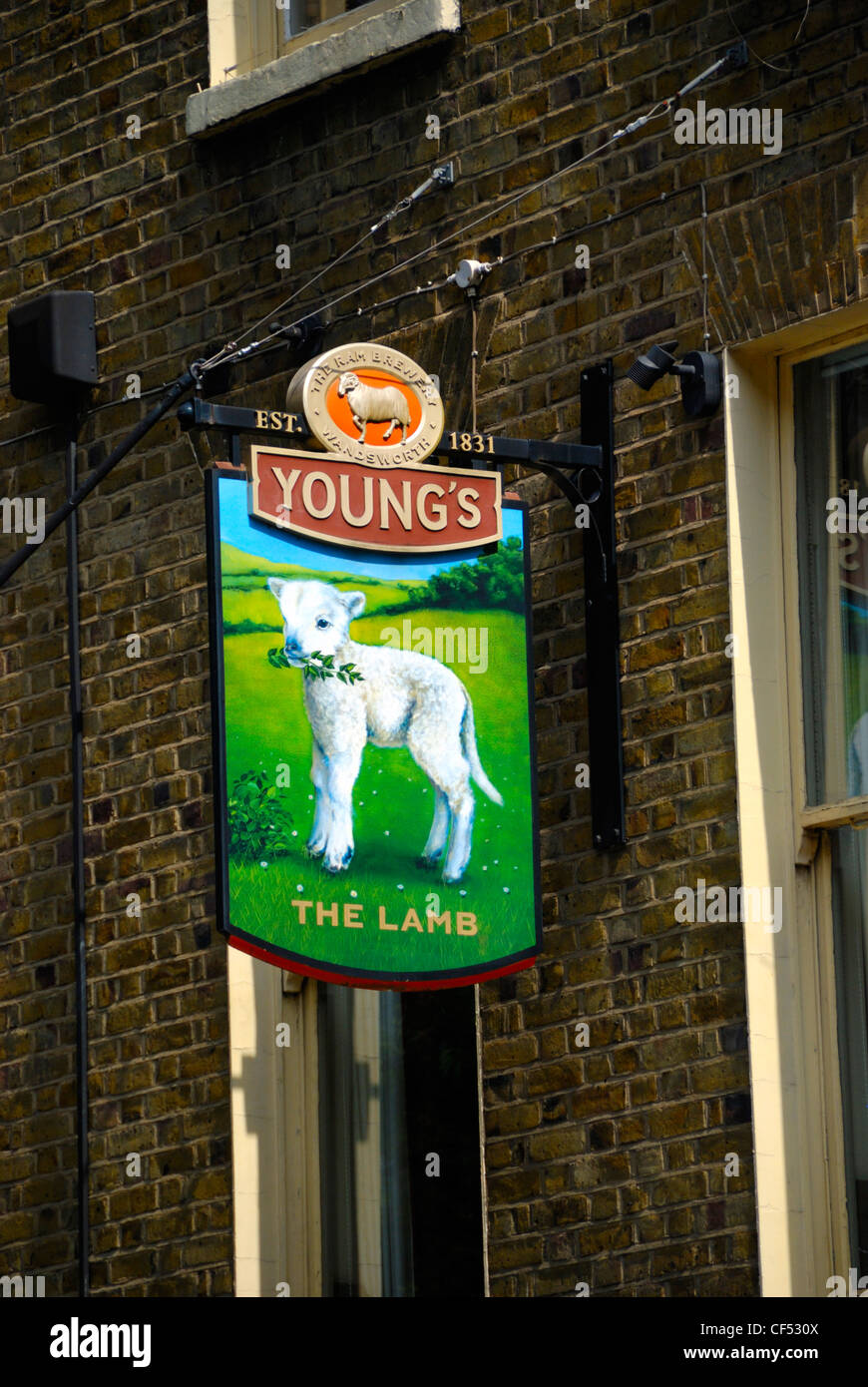 The Lamb pub sign in Lamb's Conduit Street. Stock Photo