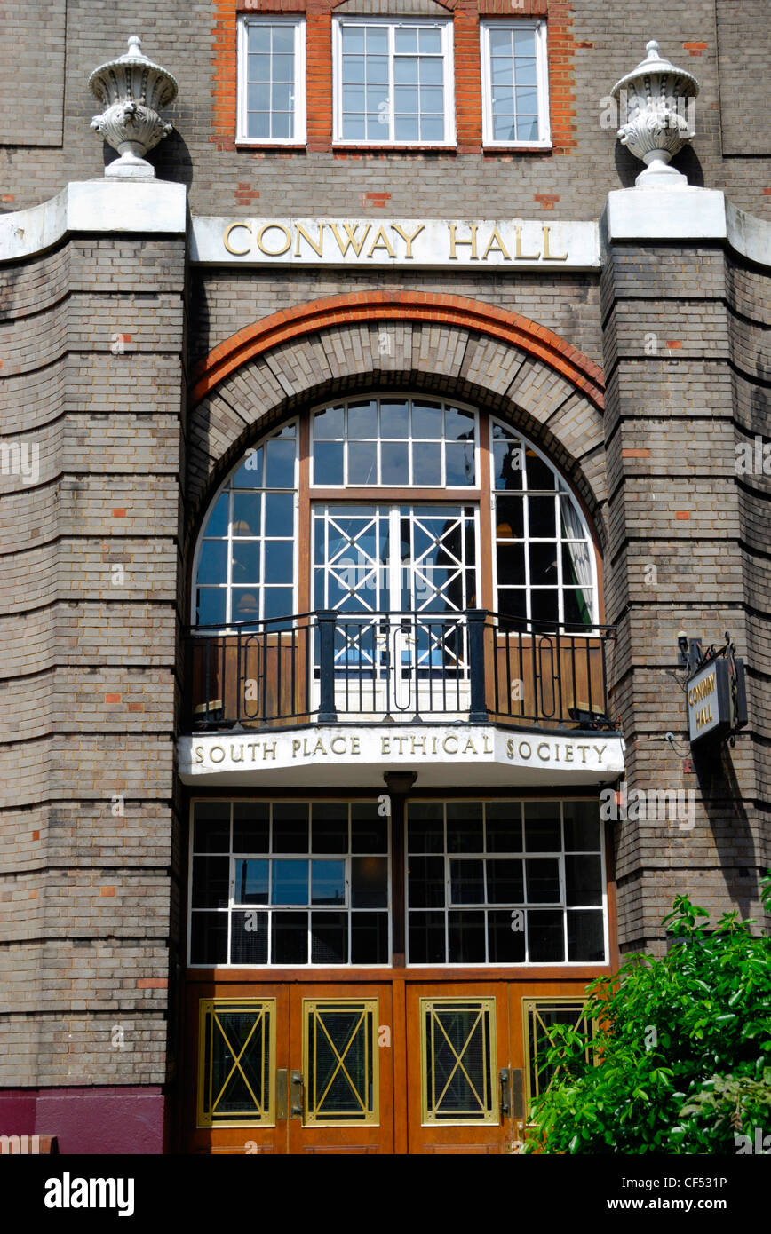 Conway Hall, opened in 1929 and owned by South Place Ethical Society. The venue hosts lectures, meetings, classes, performances, Stock Photo
