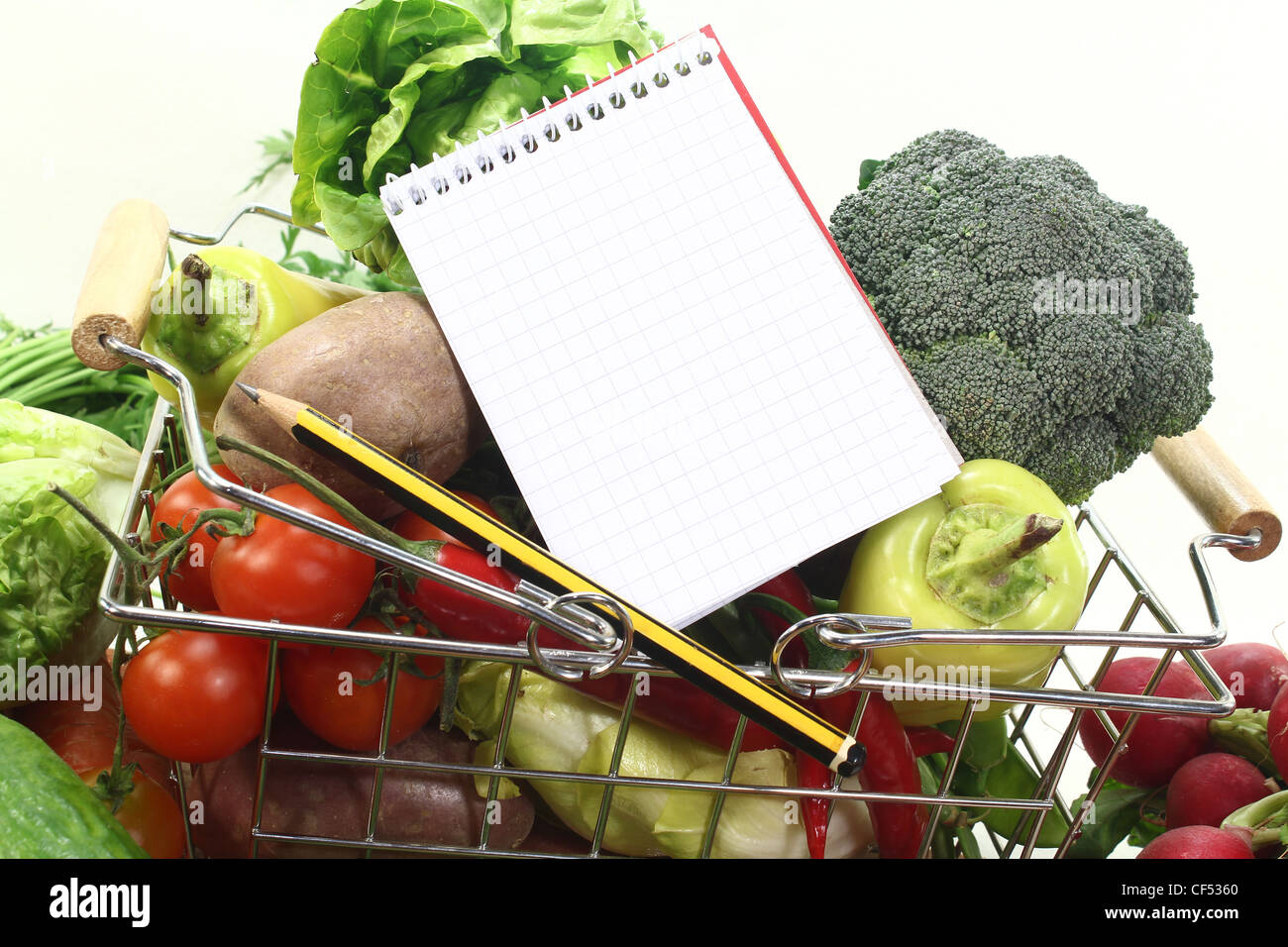 Basket with fresh vegetables, shopping list and pencil Stock Photo Alamy