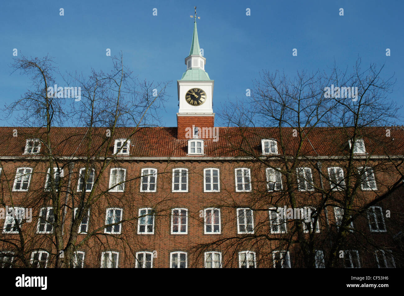 Looking up at the historical clock tower at the Council building in