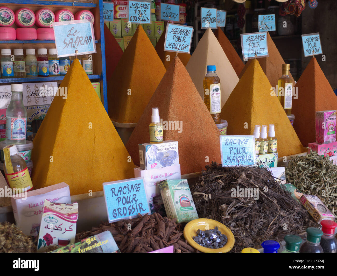 Morocco, Essaouira, Variety of oriental spices in souk Stock Photo