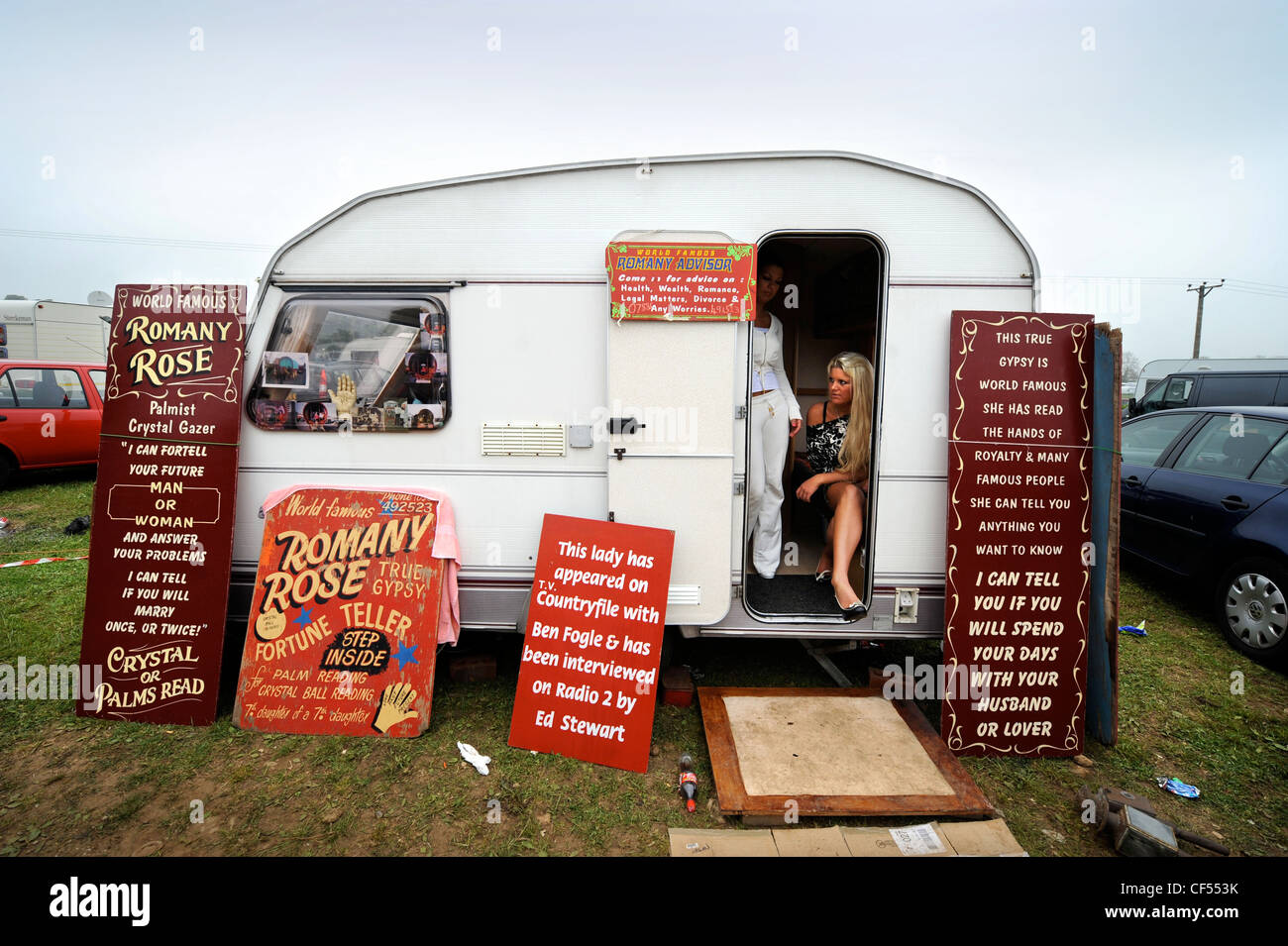 Fortune teller Romany Rose's (not pictured) caravan at the Stow-on-the-Wold horse fair May 2009 UK Stock Photo