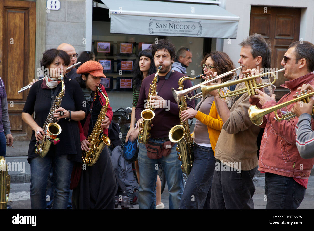 Fiati Sprecati, popular street band, perform in streets of Florence, Tuscany, Italy, Europe Stock Photo