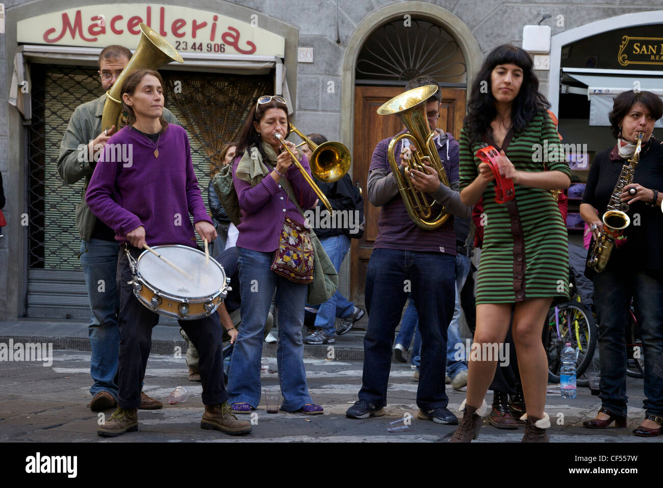 Fiati Sprecati, popular street band, perform in streets of Florence, Tuscany, Italy, Europe Stock Photo