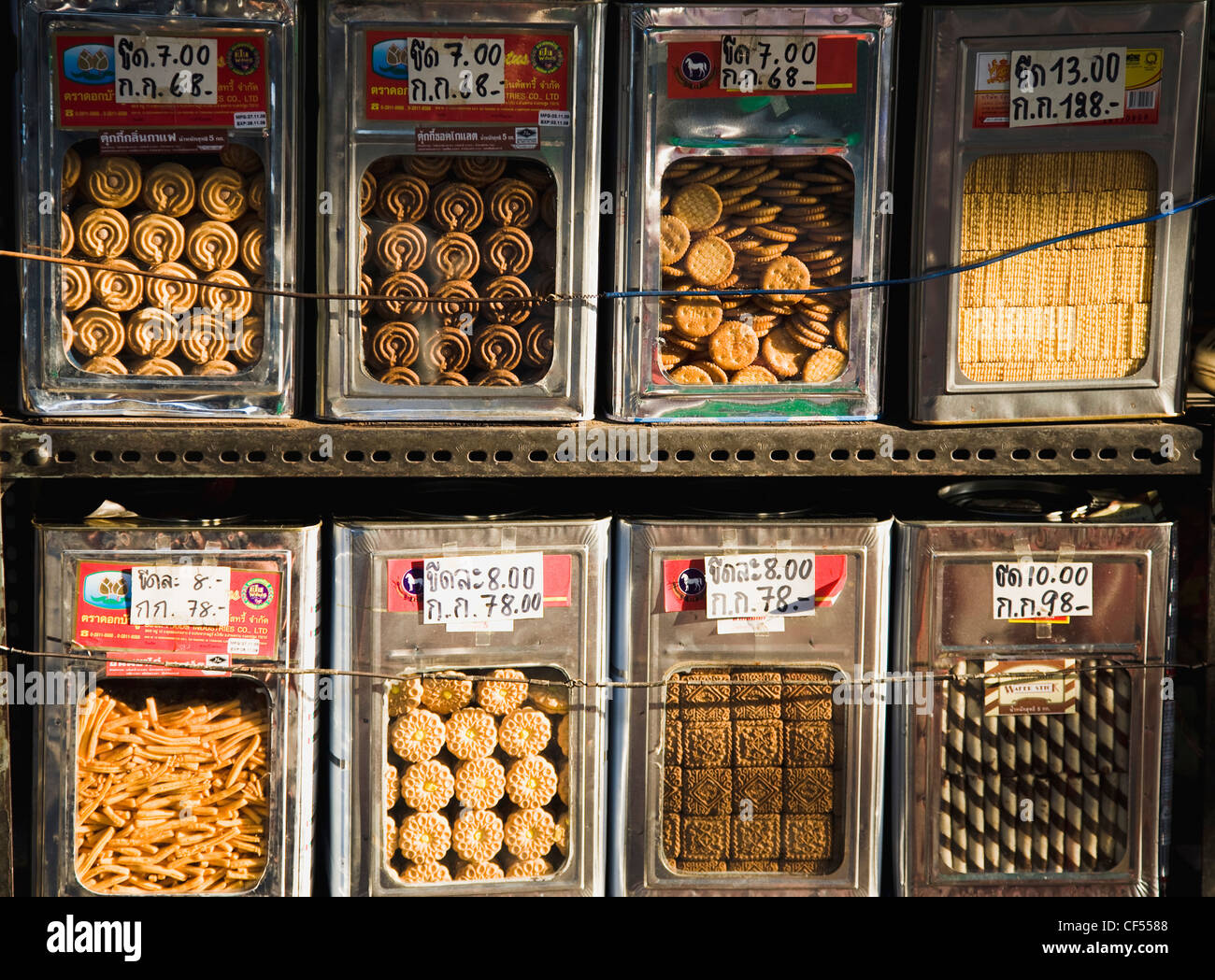 Biscuits on sale loose by weight from display tins on New Road the