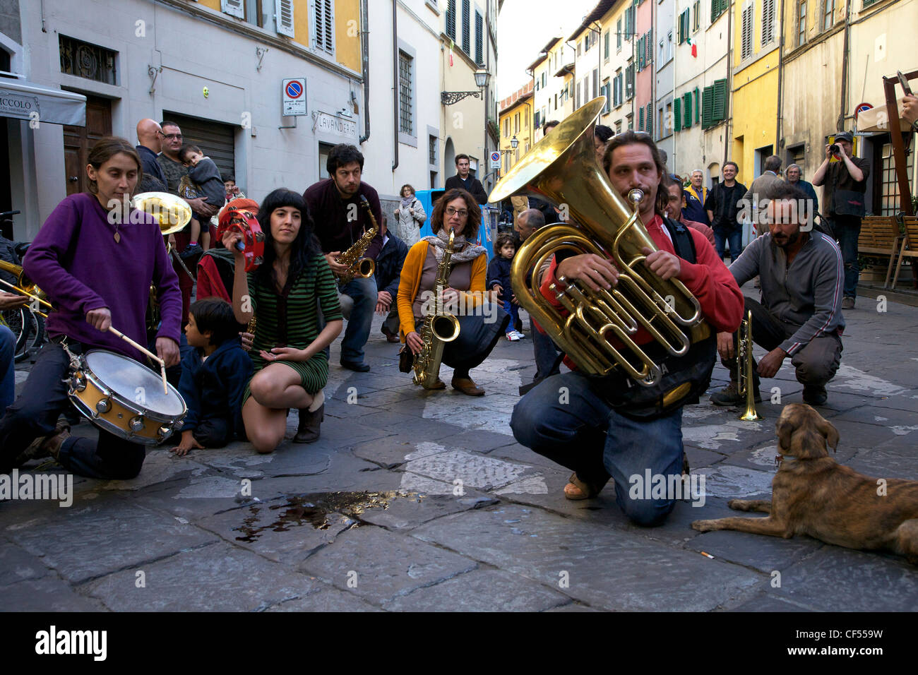 Fiati Sprecati, popular street band, perform in streets of Florence, Tuscany, Italy, Europe Stock Photo