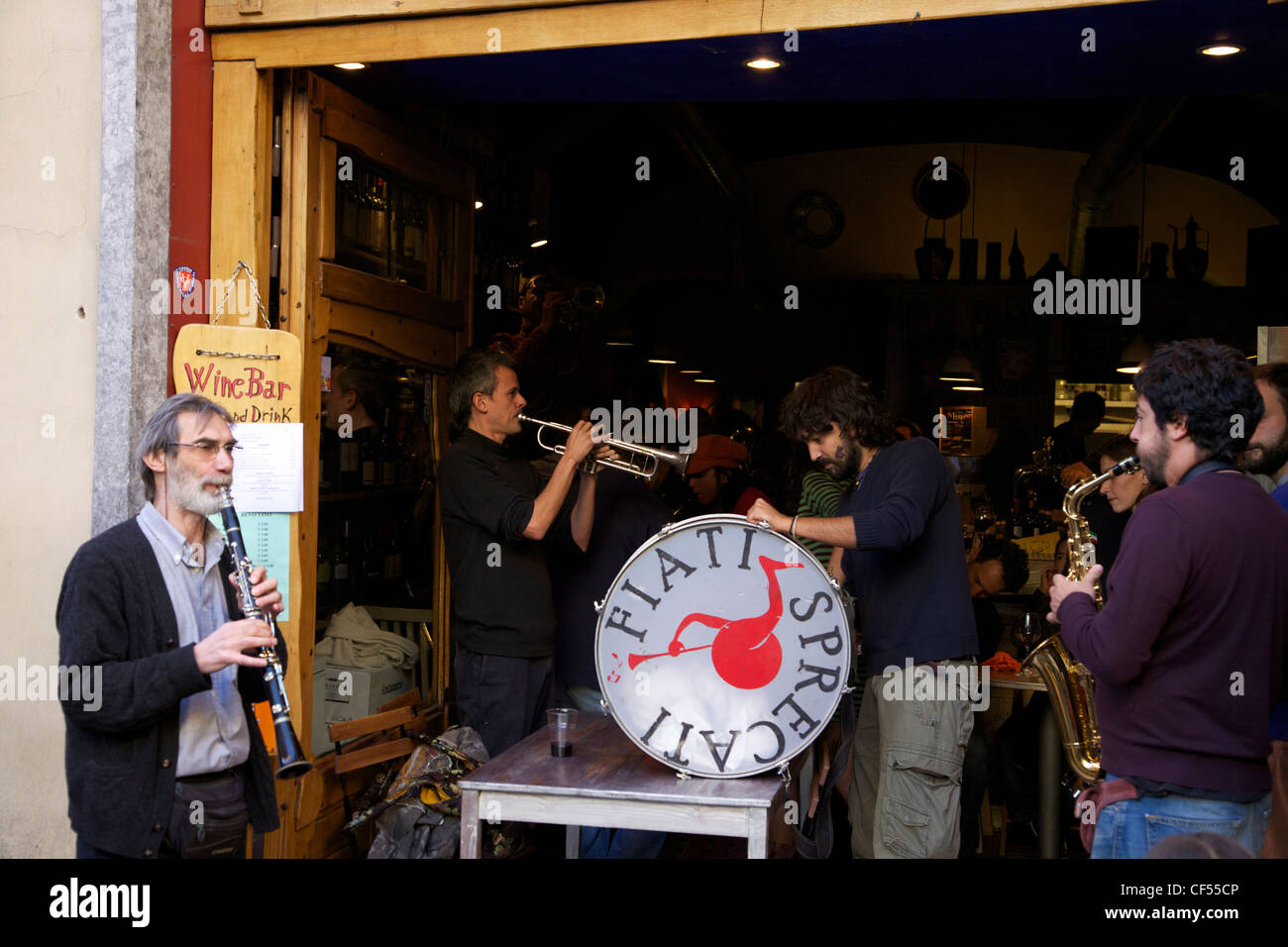 Fiati Sprecati, popular street band, perform in bar in Florence, Tuscany, Italy, Europe Stock Photo