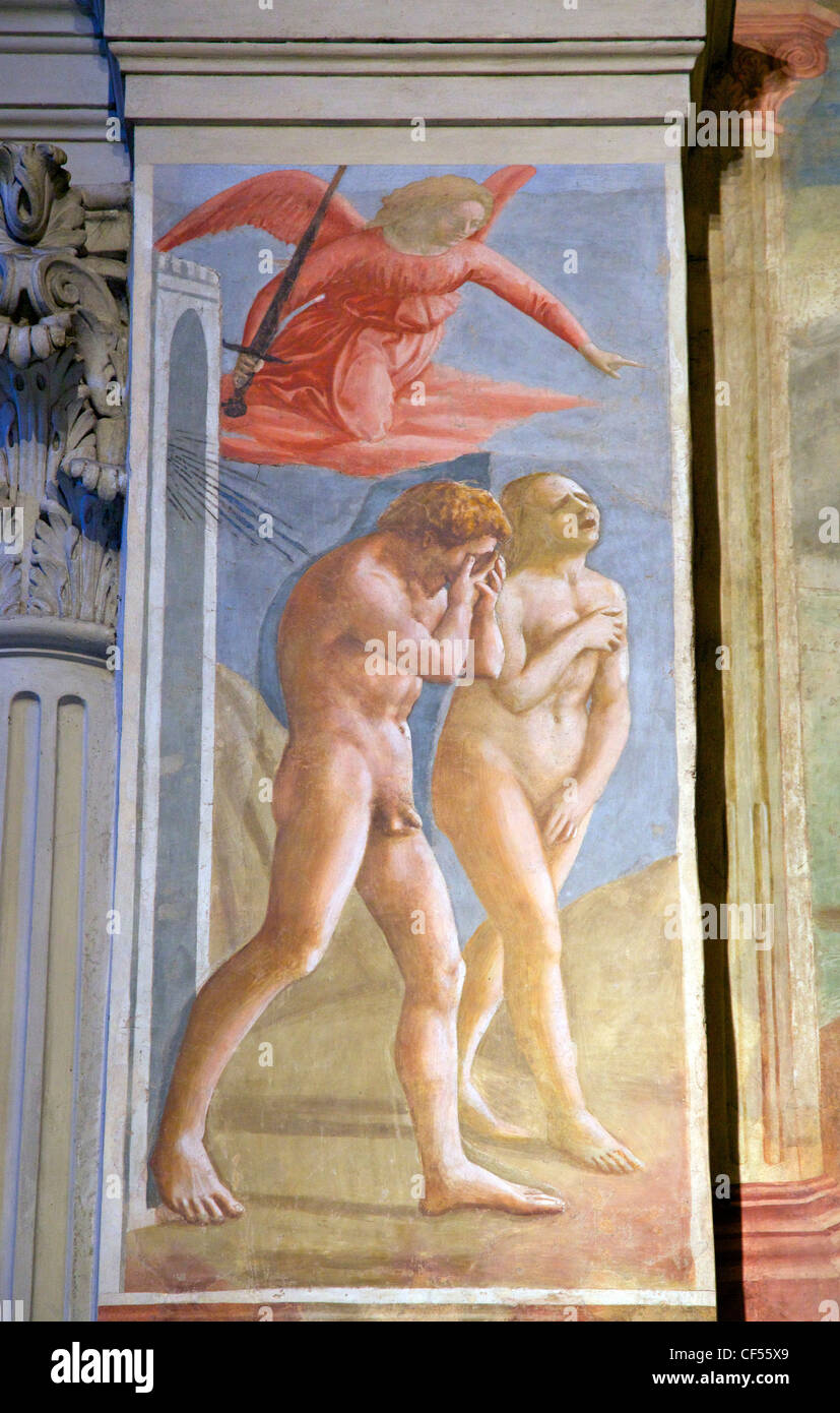 Expulsion of Adam and Eve from the Garden of Eden, by Masaccio, Brancacci Chapel, Santa Maria del Carmine Florence Tuscany Italy Stock Photo