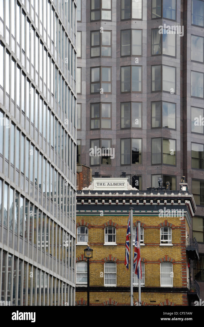 The Albert pub in Victoria Street sandwiched between two modern office towers. Stock Photo