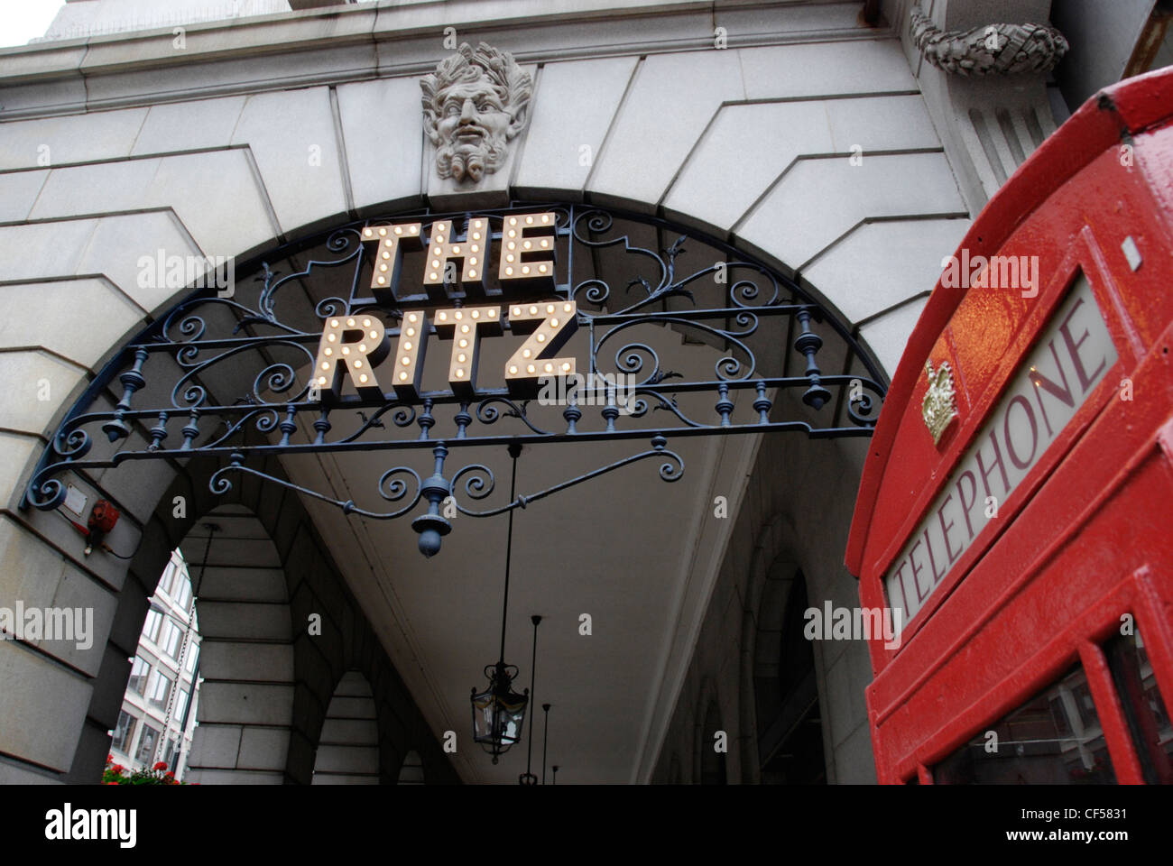 Exterior view of Signage for The Ritz Hotel in Piccadilly. Stock Photo