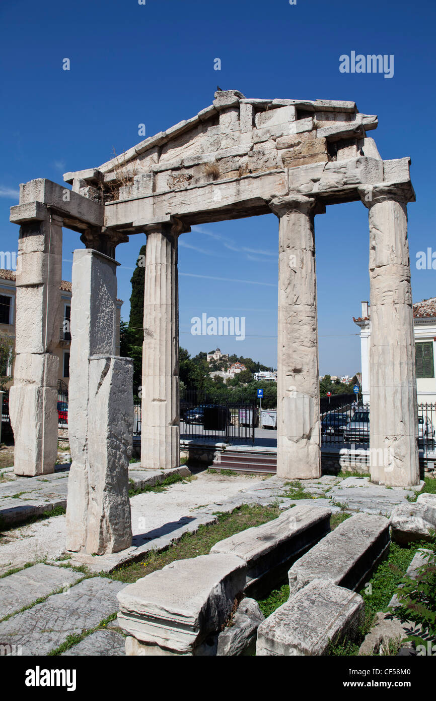 Greece, Attica, Athens, Ancient Greek ruins of the Library of Hadrian at Monastiraki below