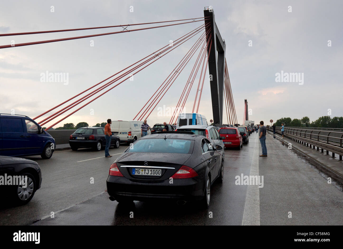 Traffic standing on Autobahn bridge, Germany. Stock Photo