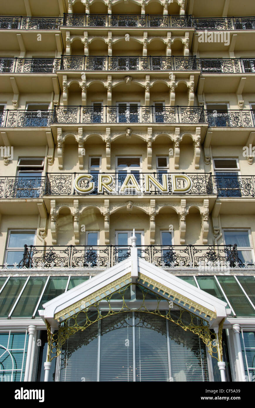 The front of the Grand Hotel on the sea front at Brighton. Stock Photo