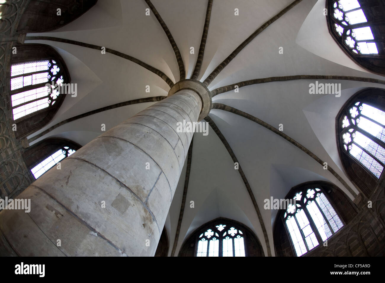 The vaulted ceiling and glass windows of the Chapter House in Worcester Cathedral Stock Photo