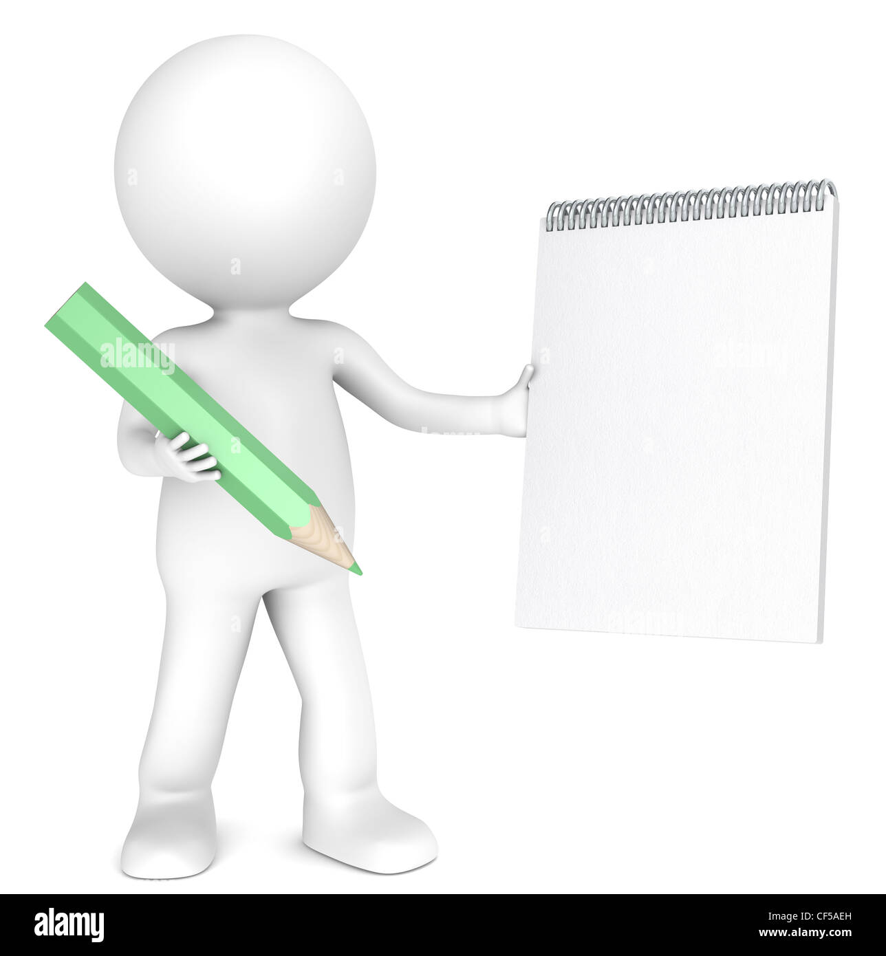 3D little human character holding a Blank notepad and a Green Pencil. Textured Paper. Copy Space. People series. Stock Photo