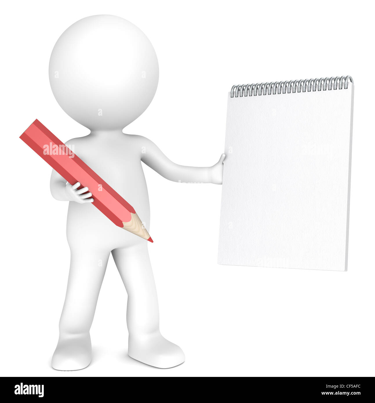 3D little human character holding a Blank Notepad and a Red Pencil. Textured Paper. Copy Space. People series. Stock Photo