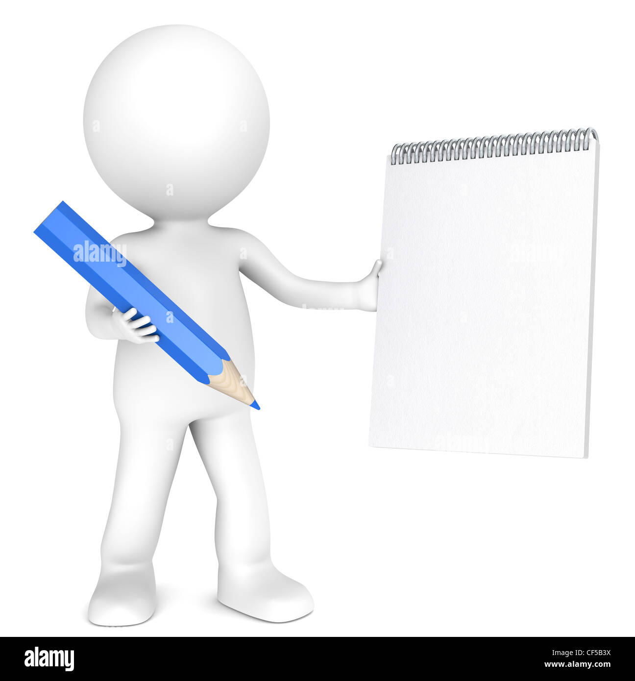 3D little human character holding a Blank notepad and a Blue Pencil. Textured Paper. Copy Space. People series. Stock Photo