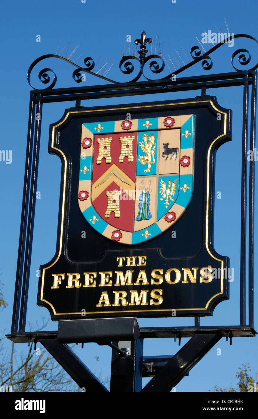 The pub sign outside the Freemasons Arms in Hampstead. Stock Photo