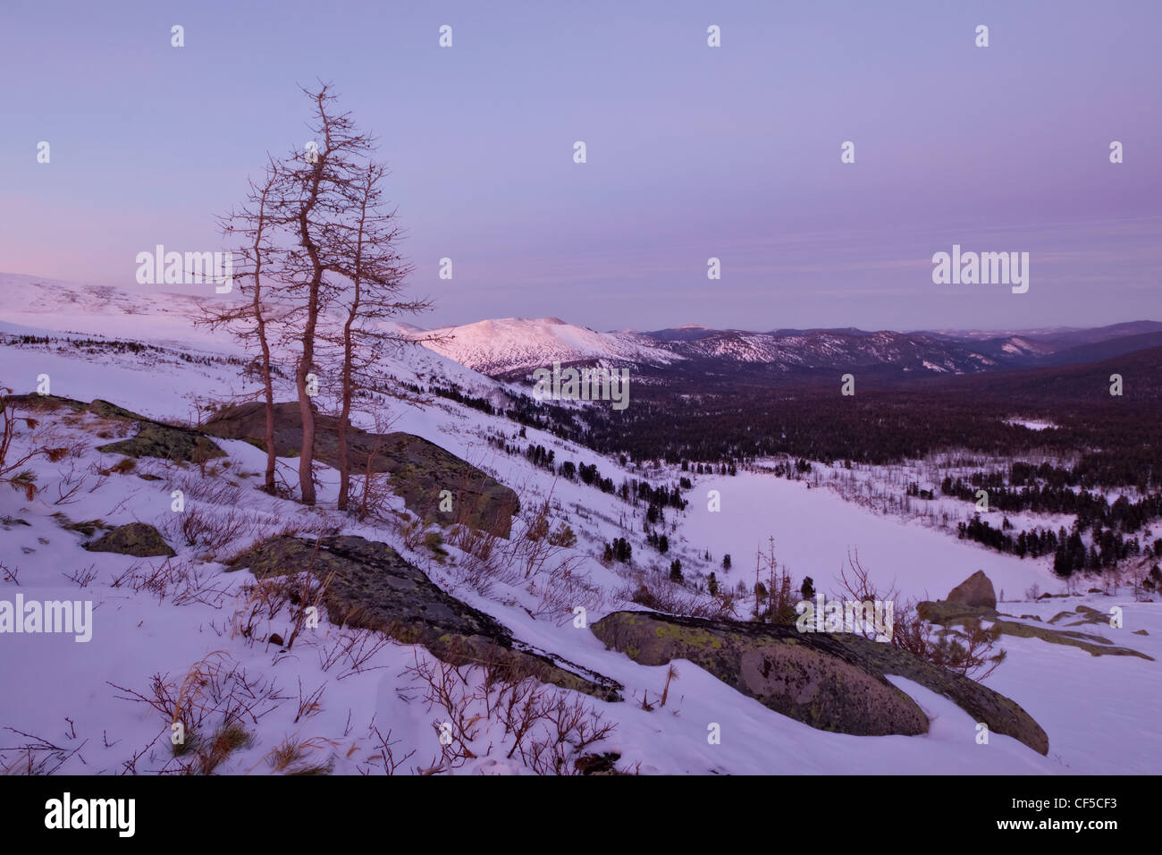 Timan Ridge Snow rocks and taiga forest in Siberia mountains. Kuznetskiy Alatau ...