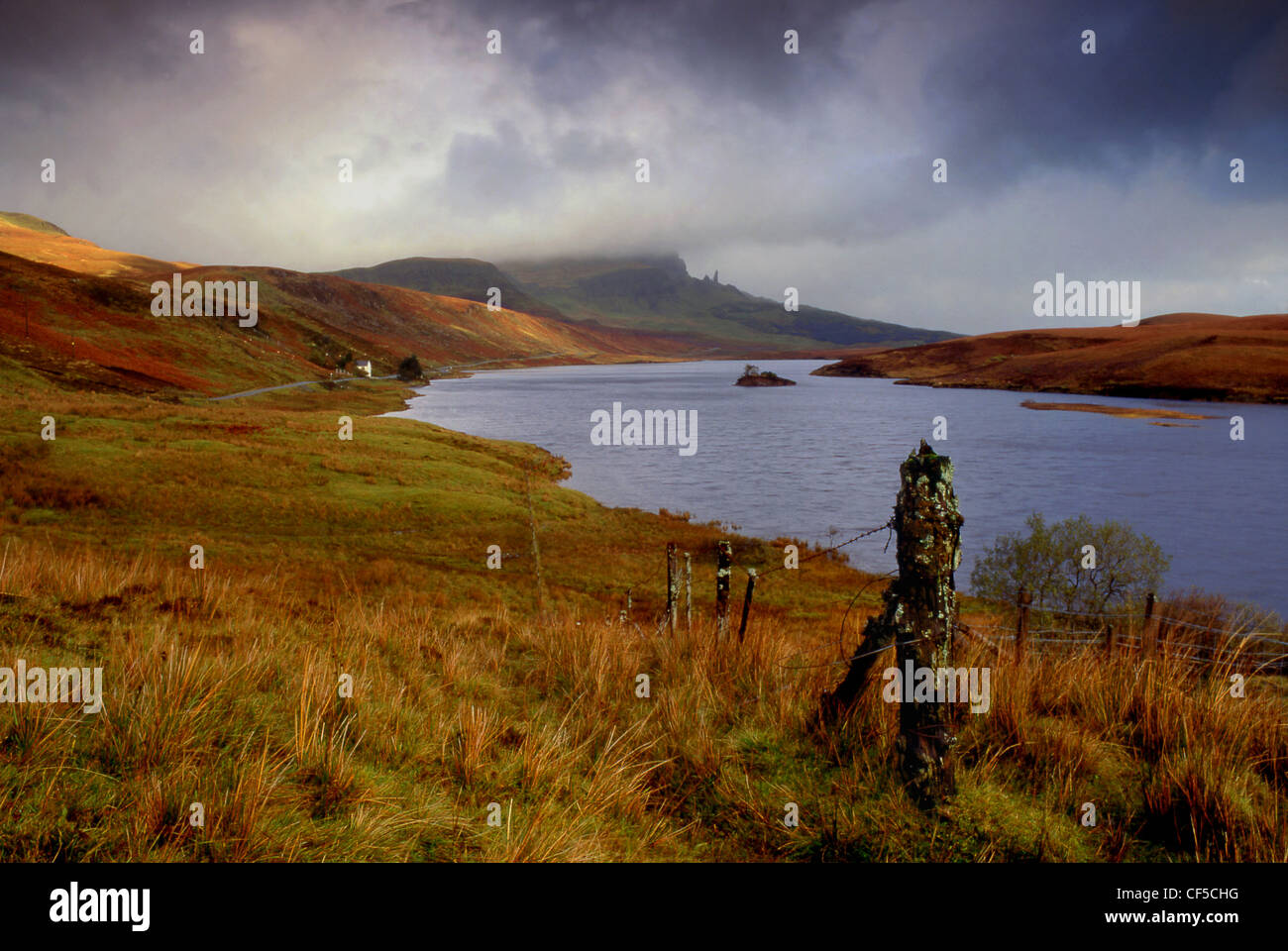 View of Loch Fada with a delapidated fence in the foreground. Stock Photo