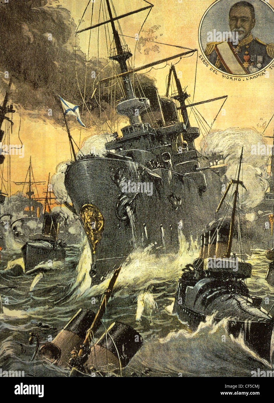 RUSSO-JAPANESE WAR 1905 French magazine shows  battle of Tsushima 27-8 May 1905 with Admiral Togo shown as 'hero of the day' Stock Photo