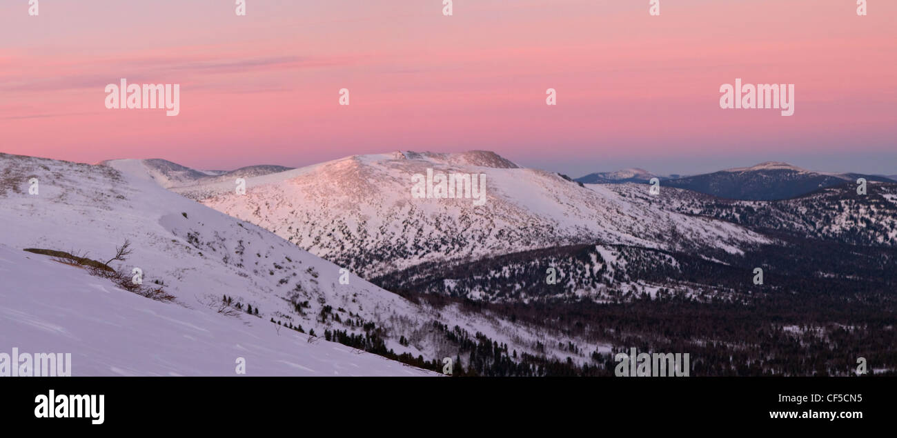 Timan Ridge Snow rocks and taiga forest in Siberia mountains. Kuznetskiy Alatau ...