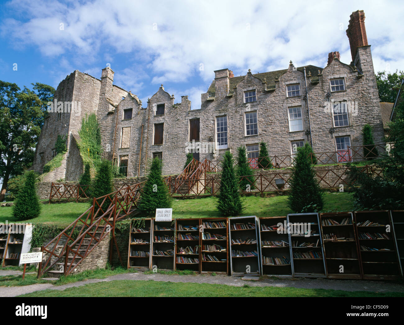 Hay Castle and openair book stalls. A Jacobean Mansion and book shop