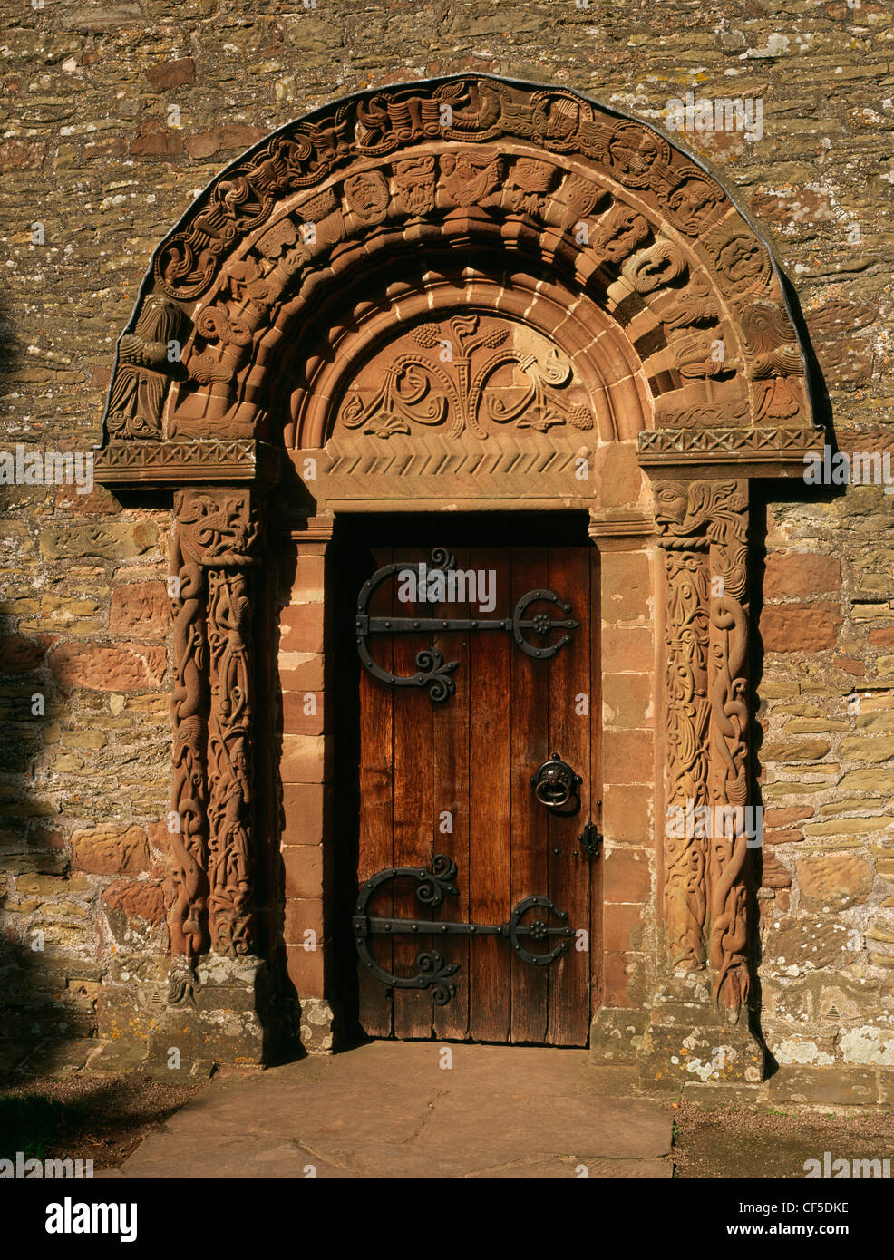 South doorway to the church of St Mary and St David, one of the finest examples of the Herefordshire School of late Romanesque c Stock Photo