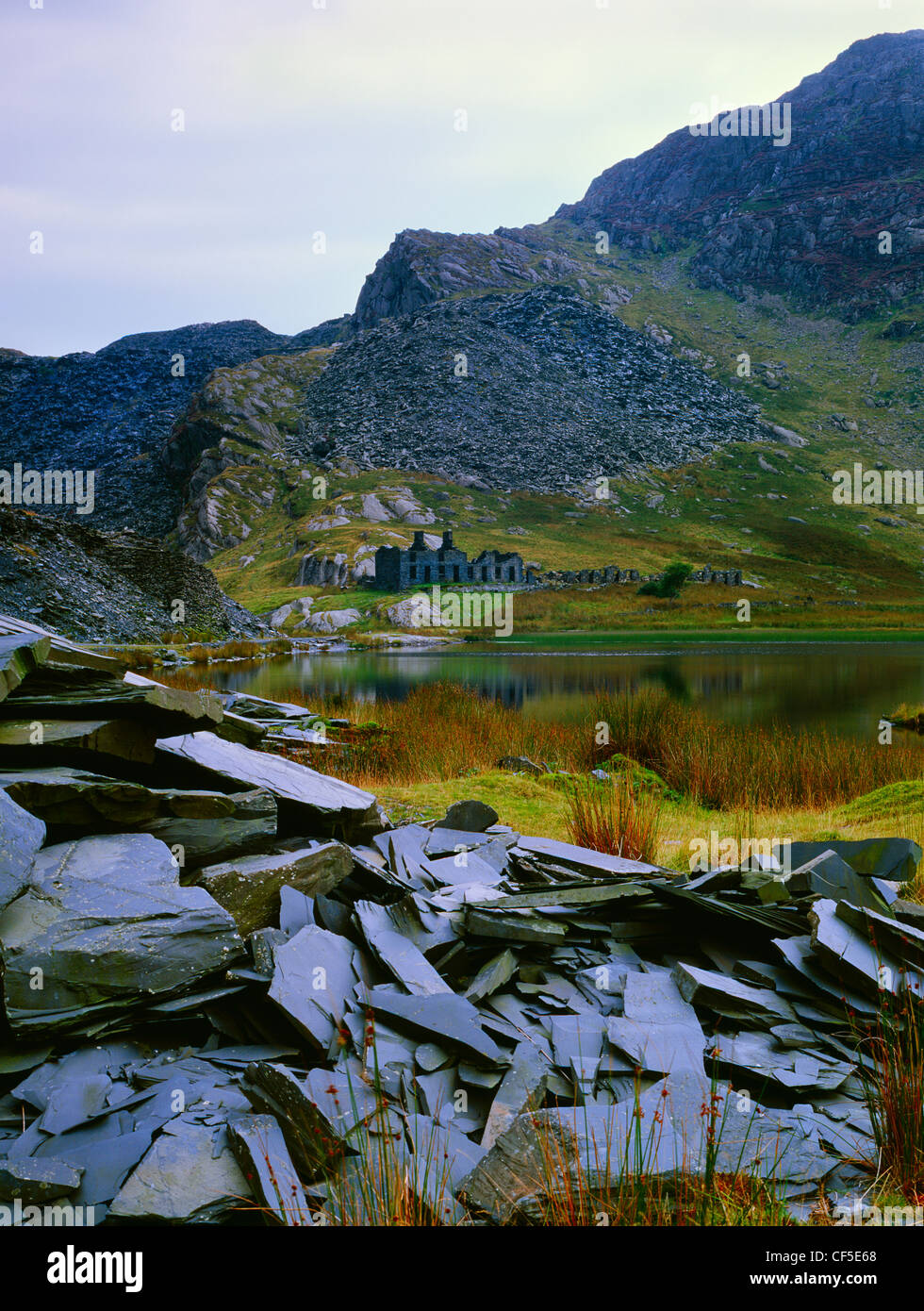 A general view of the waste tips, workings and barracks at Llyn Cwmorthin Victorian slate quarry. Stock Photo