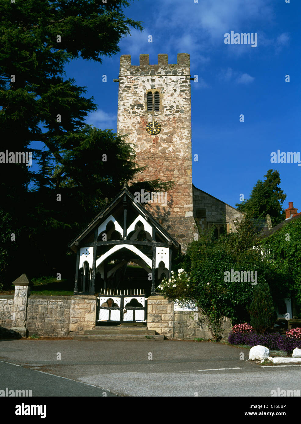 The Perpendicular tower and timber-framed lychgate of St Stephen's Church. Stock Photo