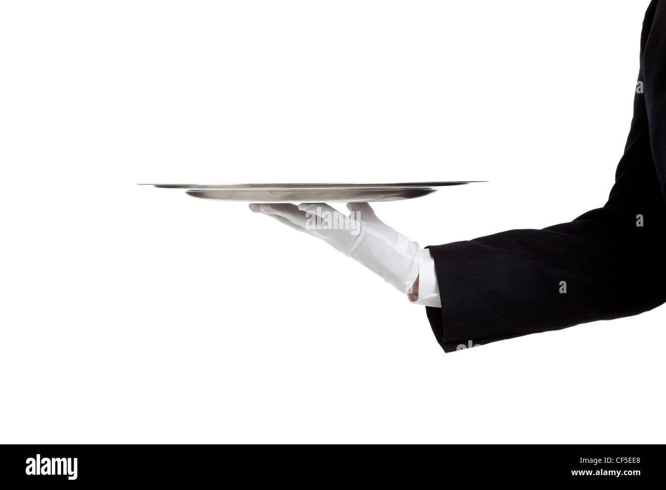 A waiter holding a silver tray on a white background, service concept Stock Photo