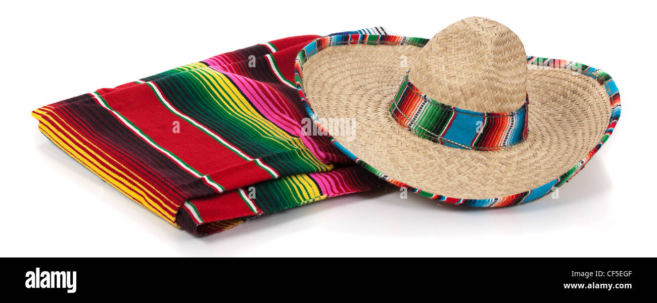 Mexican Serape and a sombrero on a white background Stock Photo