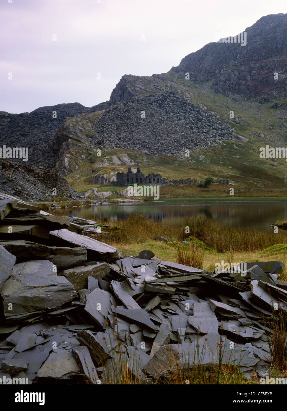 A general view of the waste tips, workings and barracks at Llyn Cwmorthin Victorian slate quarry. Stock Photo