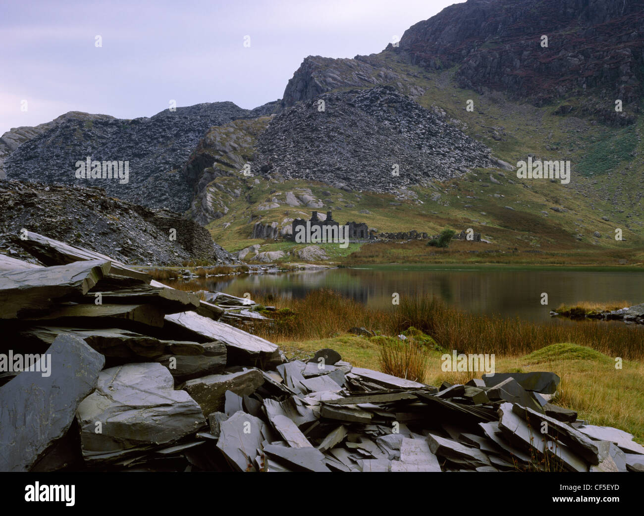 A general view of the waste tips, workings and barracks at Llyn Cwmorthin Victorian slate quarry. Stock Photo