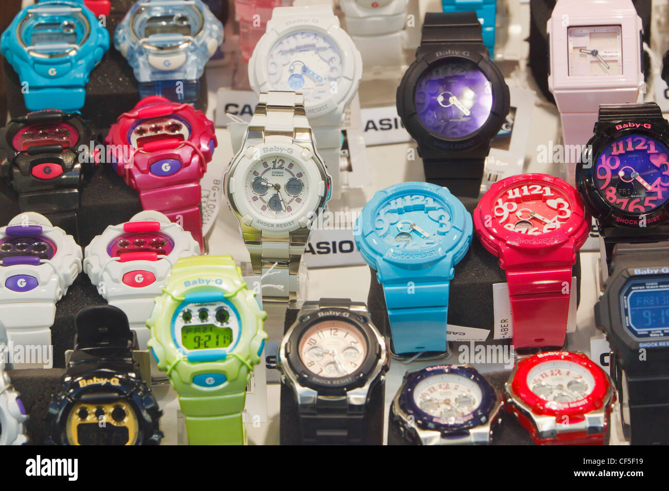 Madrid, Spain. Selection of electronic watches in shop window Stock