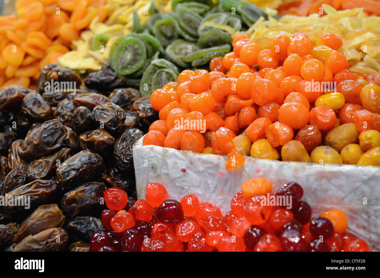 Dried fruits on display at a market Stock Photo