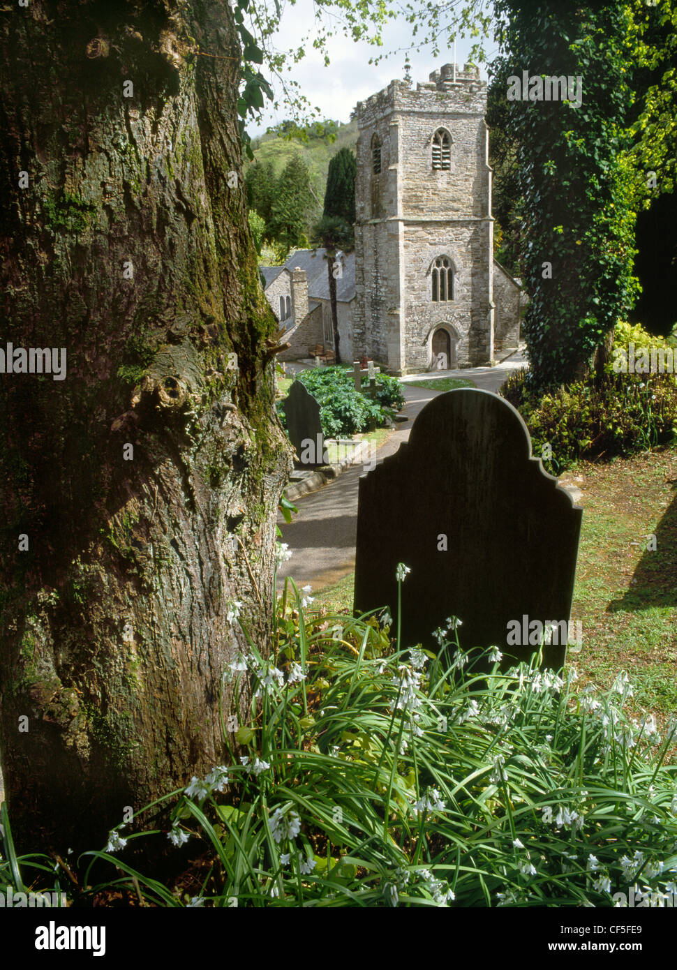 The Parish Church of St Just and St Mawes stands beside an inlet of the Fal Estuary surrounded by a beautiful churchyard tended Stock Photo